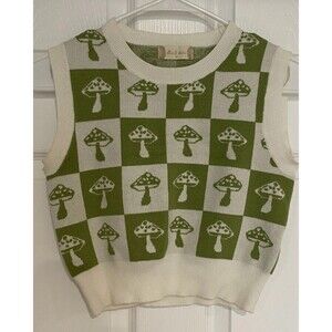 Altar’d State Sleeveless Hippie Festival Crop Vest Check Mushroom M Y2K Retro